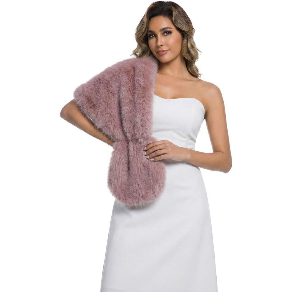 Women' Pink Faux Fur Winter Warm Wedding Neck Warmer Shawl Collar Scarf Stole - Picture 5 of 6